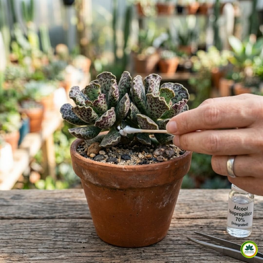 Close-up profissional de uma pessoa utilizando um cotonete embebido em álcool isopropílico para remover cochonilhas-de-algodão de uma suculenta Adromischus cooperi