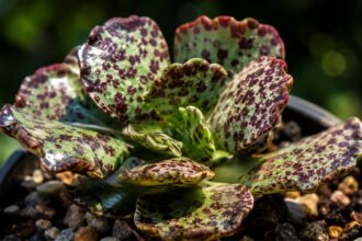 suculenta pata de tartaruga Adromischus cooperi com folhas verdes manchadas em close
