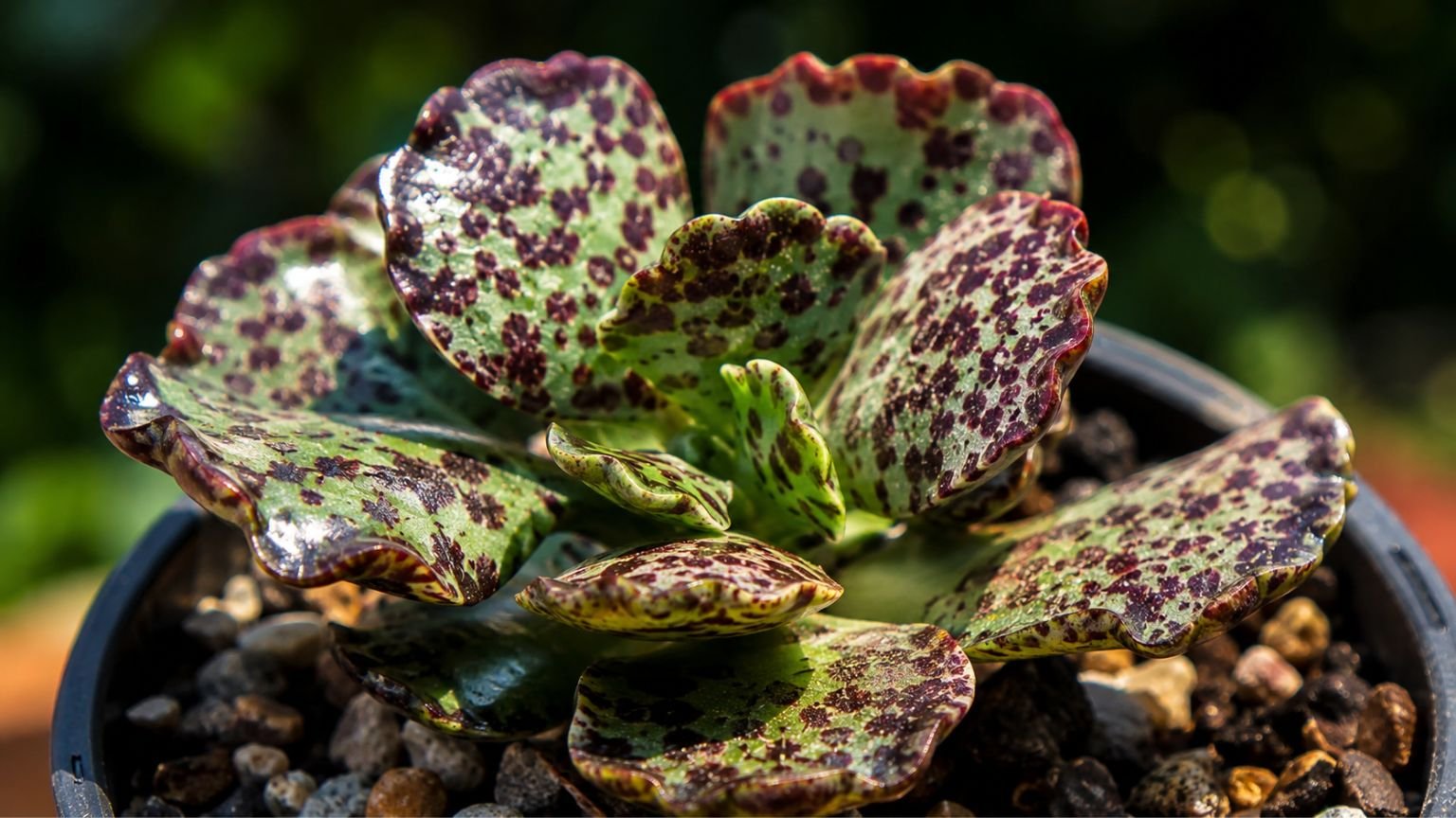 suculenta pata de tartaruga Adromischus cooperi com folhas verdes manchadas em close