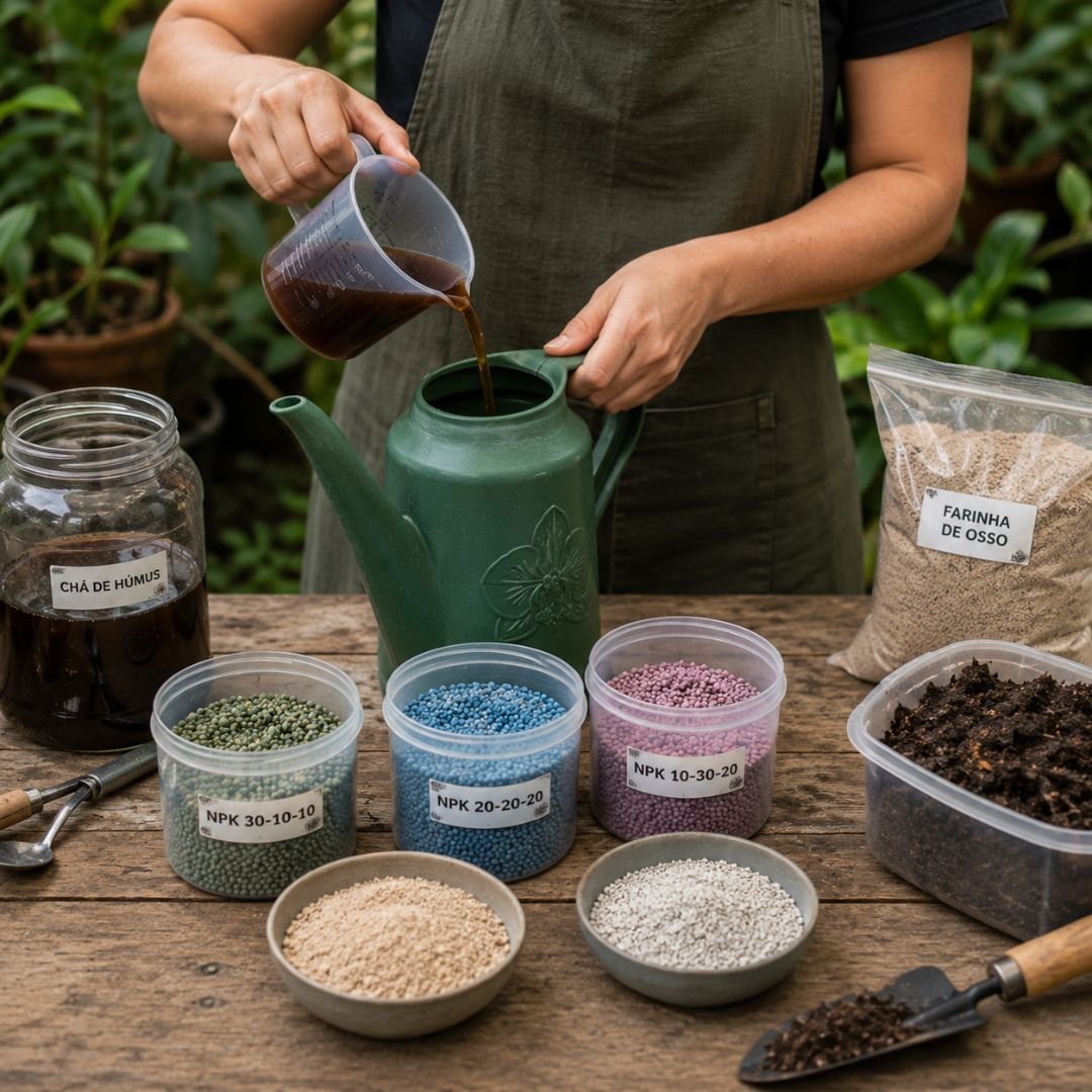 Pessoa preparando adubação líquida e fertilizantes NPK para cultivo técnico de orquídeas