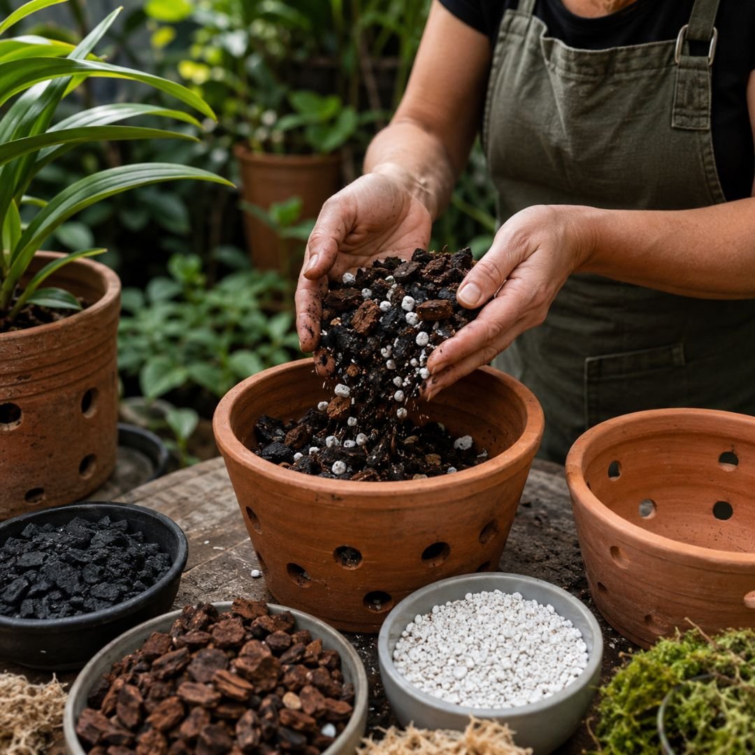 Pessoa preparando substrato aerado com casca de pinus, carvão e perlita em vaso de barro para cultivo de orquídeas