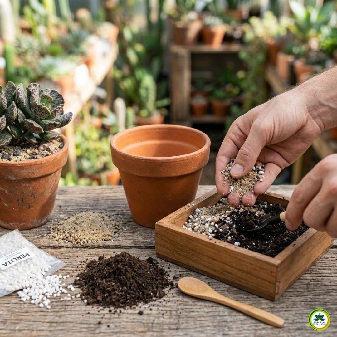 Mãos de um cultivador misturando areia grossa, perlita e terra vegetal para criar um solo drenável para a suculenta pata de tartaruga em um vaso de barro limpo.