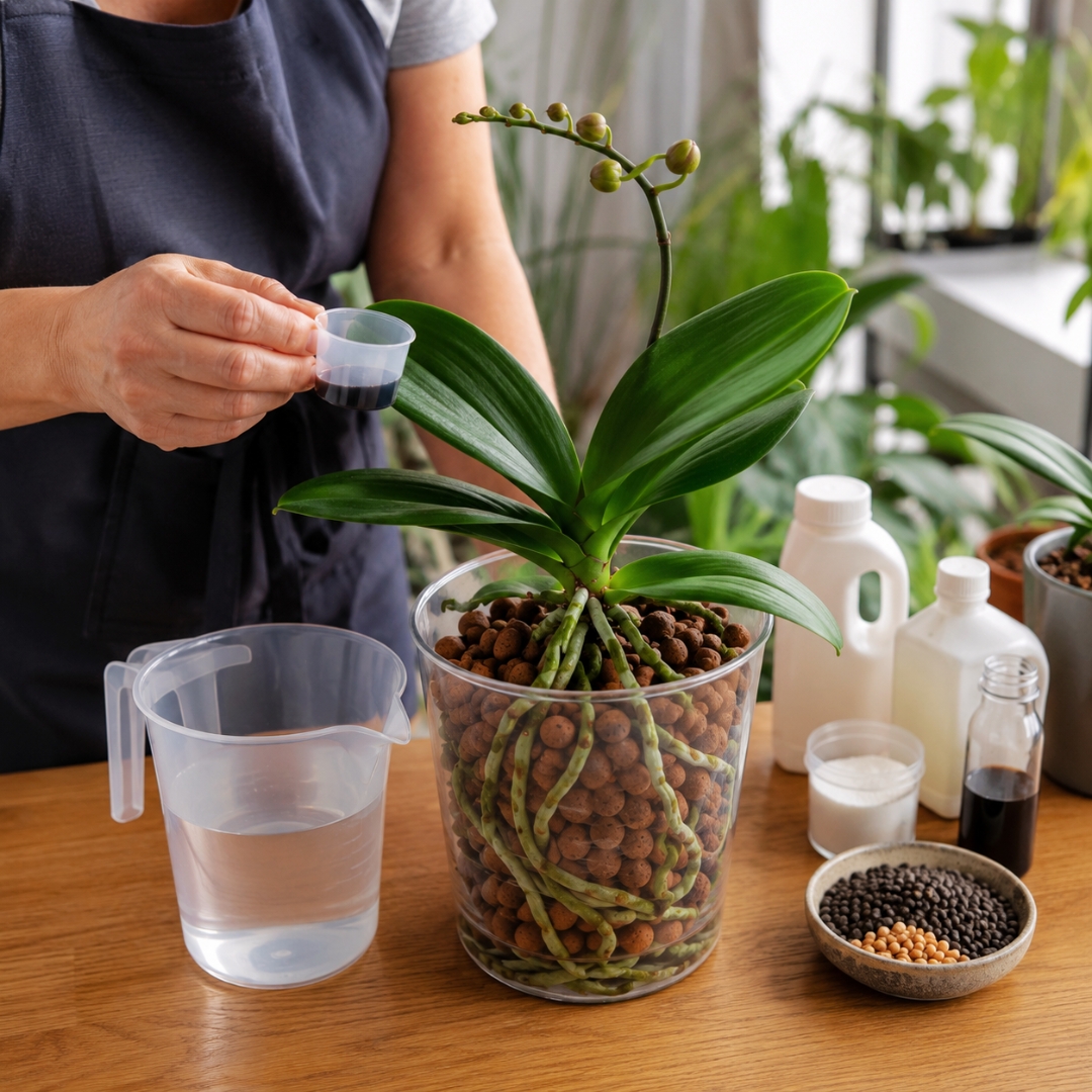Pessoa preparando solução nutritiva para adubação de orquídea cultivada sem terra durante o manejo de crescimento e floração.