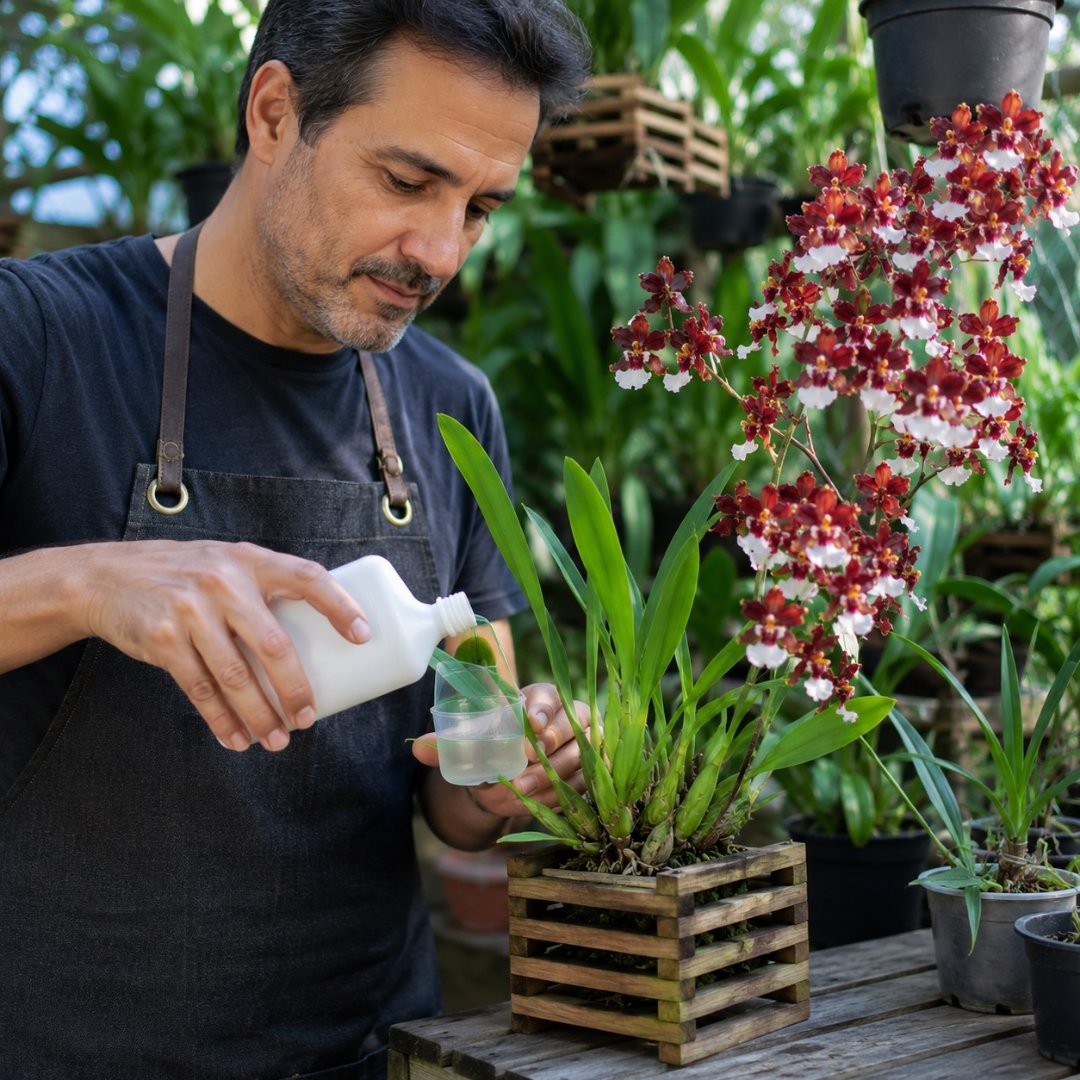 Cultivador preparando fertilizante para adubar uma orquídea chocolate Oncidium Sharry Baby durante o manejo de nutrição para estimular a floração.
