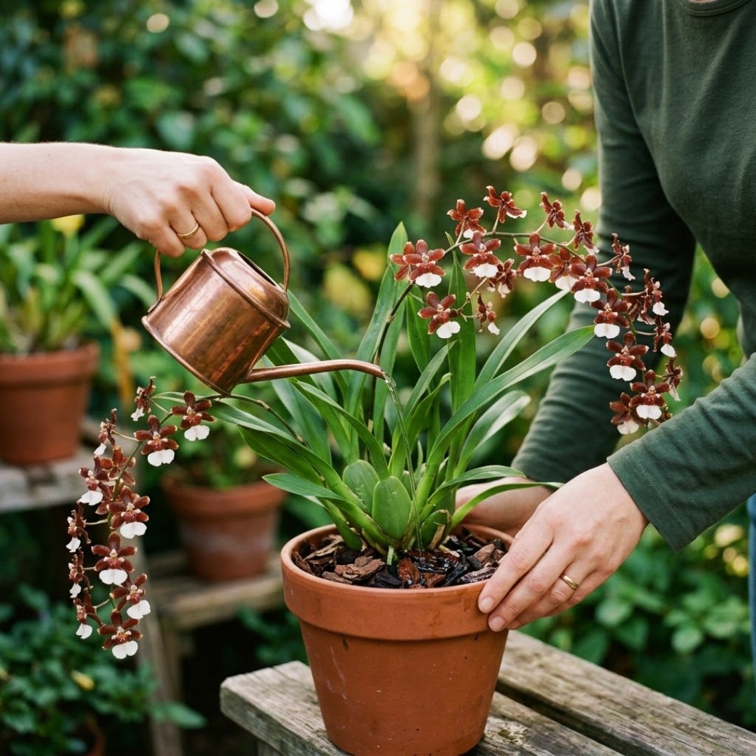 Pessoa regando uma orquídea chocolate (Oncidium Sharry Baby) em vaso de barro usando um regador de cobre, com foco no substrato de casca de pinus e nas flores marrons