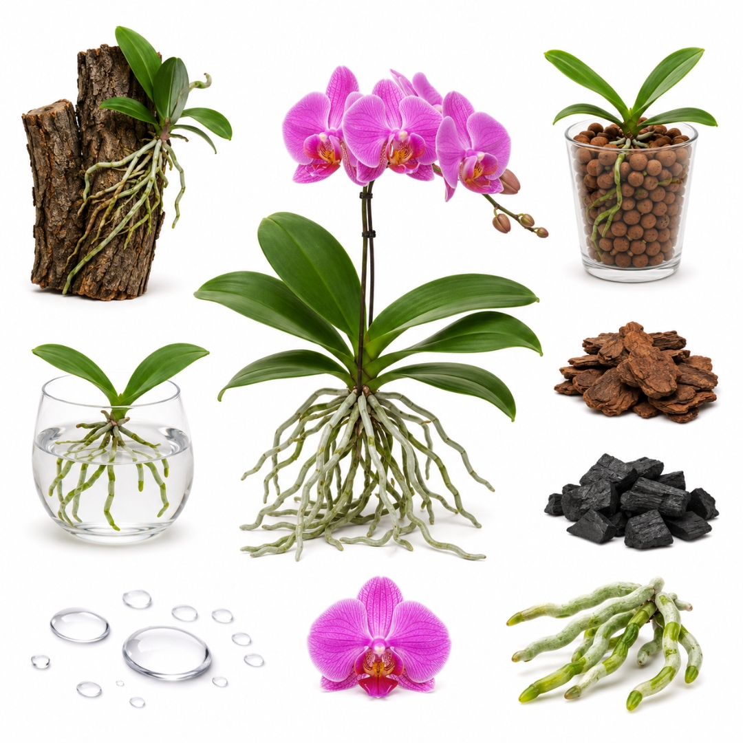Infográfico ilustrado mostrando os principais conceitos do cultivo de orquídeas sem terra, incluindo raízes aéreas, substratos alternativos, semi-hidroponia e hidroponia.