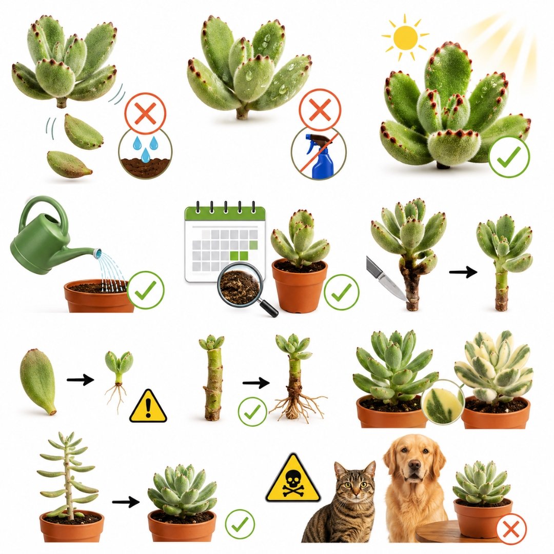 Infográfico ilustrado mostrando os principais cuidados com a suculenta patinha de urso, incluindo rega correta, exposição à luz, propagação, estiolamento, podridão e segurança para animais domésticos.