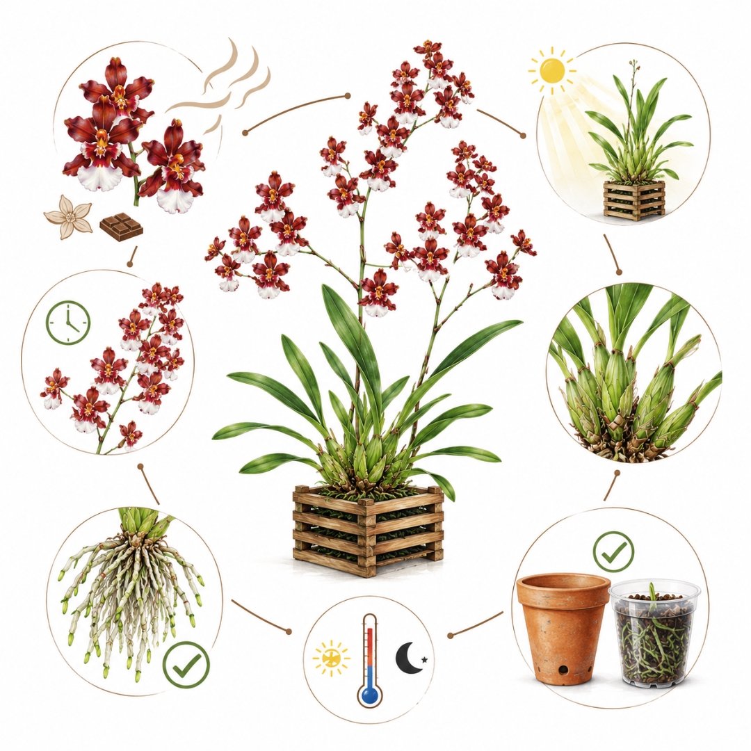Infográfico ilustrado da orquídea chocolate Oncidium Sharry Baby mostrando floração, raízes saudáveis, pseudobulbos, iluminação adequada e tipos de vasos recomendados.