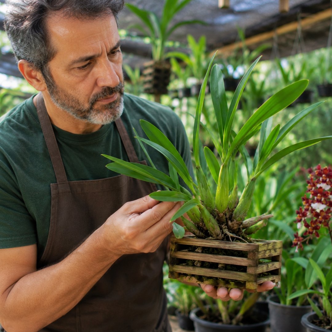 Cultivador examinando uma orquídea Oncidium Sharry Baby para identificar possíveis causas da ausência de floração.