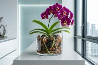 Orquídea Phalaenopsis de cor púrpura vibrante cultivada sem terra em um vaso de vidro transparente, exibindo substrato alternativo de argila expandida e casca de pinus com raízes saudáveis, posicionada sobre uma bancada branca moderna em um ambiente iluminado.