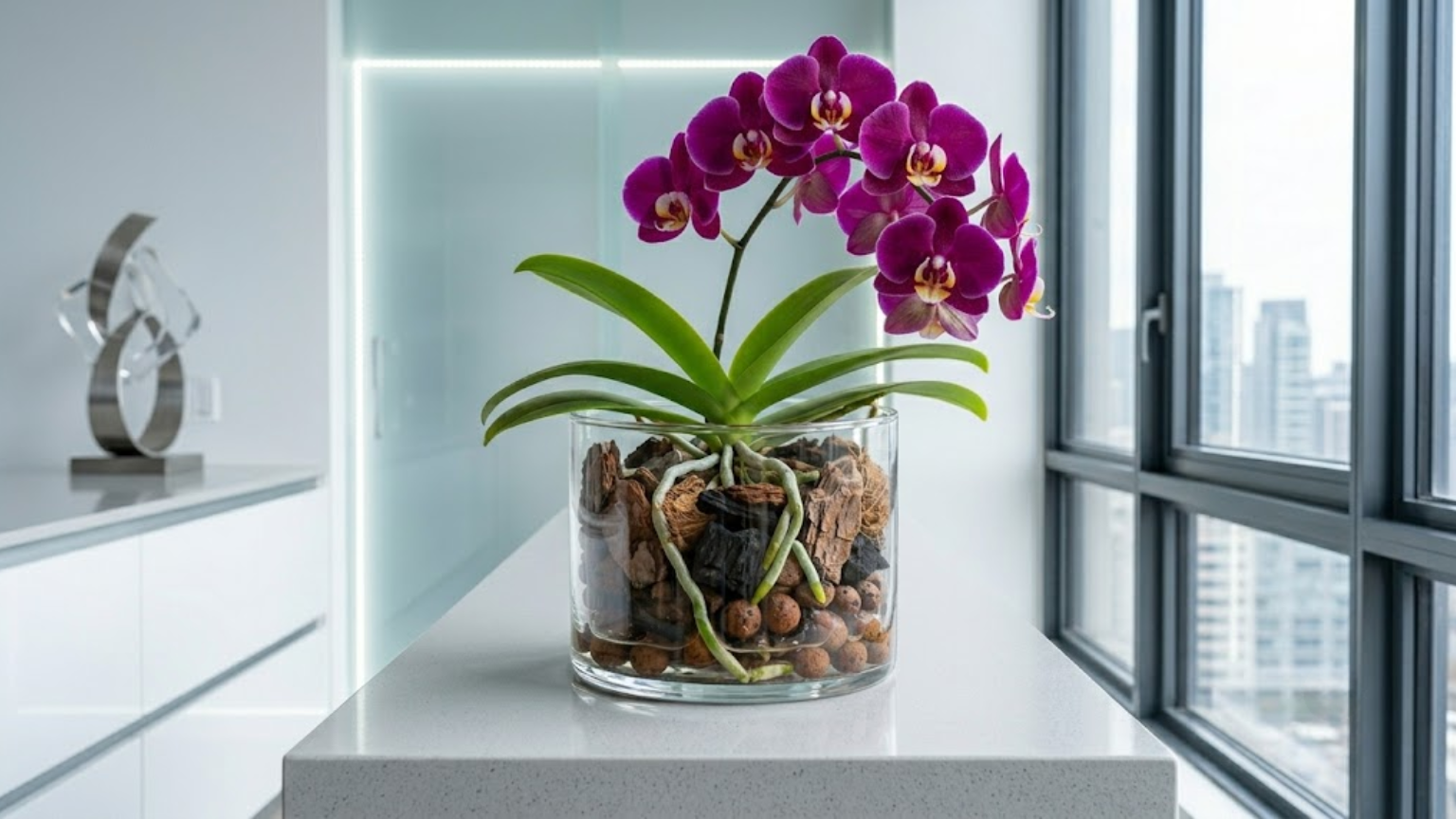 Orquídea Phalaenopsis de cor púrpura vibrante cultivada sem terra em um vaso de vidro transparente, exibindo substrato alternativo de argila expandida e casca de pinus com raízes saudáveis, posicionada sobre uma bancada branca moderna em um ambiente iluminado.
