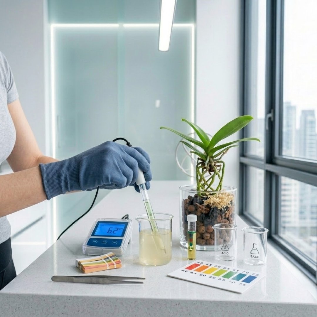 Pessoa utilizando luva azul segura um medidor digital de pH dentro de um béquer com solução nutritiva, sobre uma bancada moderna de quartzo branco ao lado de uma orquídea em vaso de vidro.