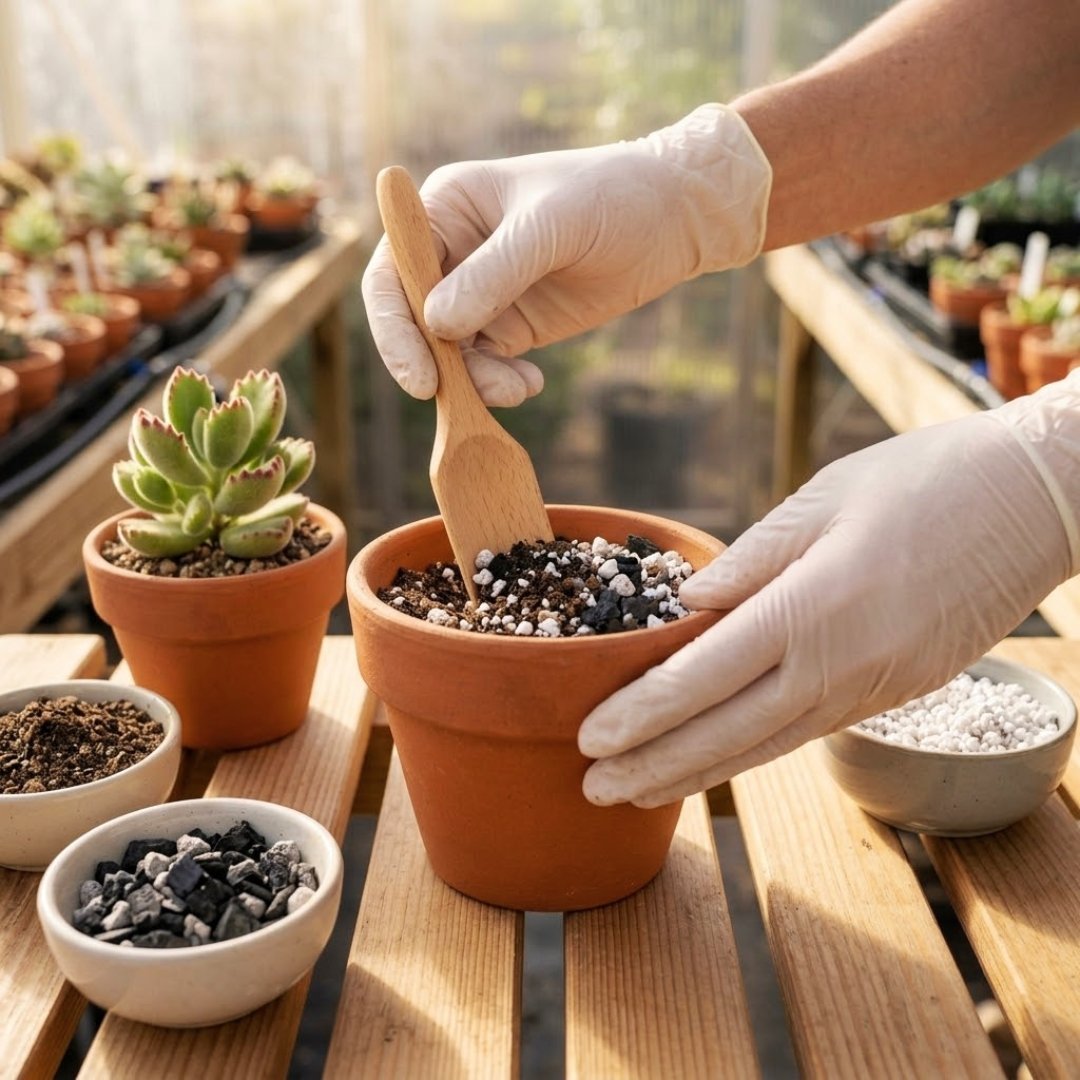 Mãos de uma pessoa com luvas de jardinagem misturando substrato comercial, perlita e pedaços de carvão em um vaso de cerâmica limpo sobre bancada de madeira, com foco nos componentes porosos e na planta ao lado.