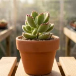 Fotografia em primeiro plano de uma suculenta patinha de urso em vaso de cerâmica limpo, centralizada sobre bancada de madeira dentro de uma estufa de cultivo iluminada pelo sol com fundo desfocado