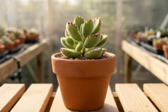 Fotografia em primeiro plano de uma suculenta patinha de urso em vaso de cerâmica limpo, centralizada sobre bancada de madeira dentro de uma estufa de cultivo iluminada pelo sol com fundo desfocado