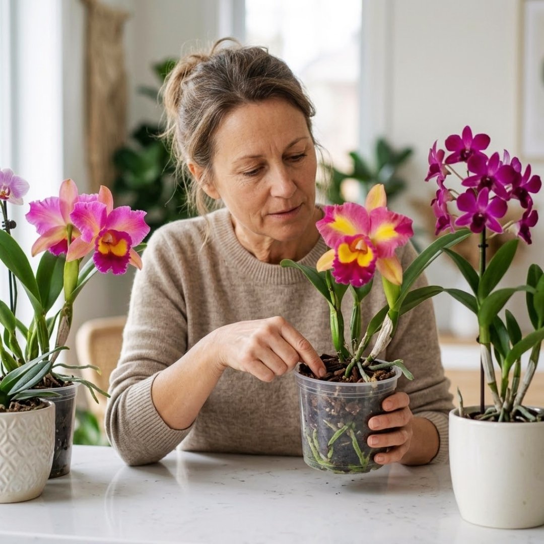 Mulher verificando a umidade do substrato de uma orquídea Cattleya com o dedo em um ambiente iluminado, focado no cuidado correto com as raízes.