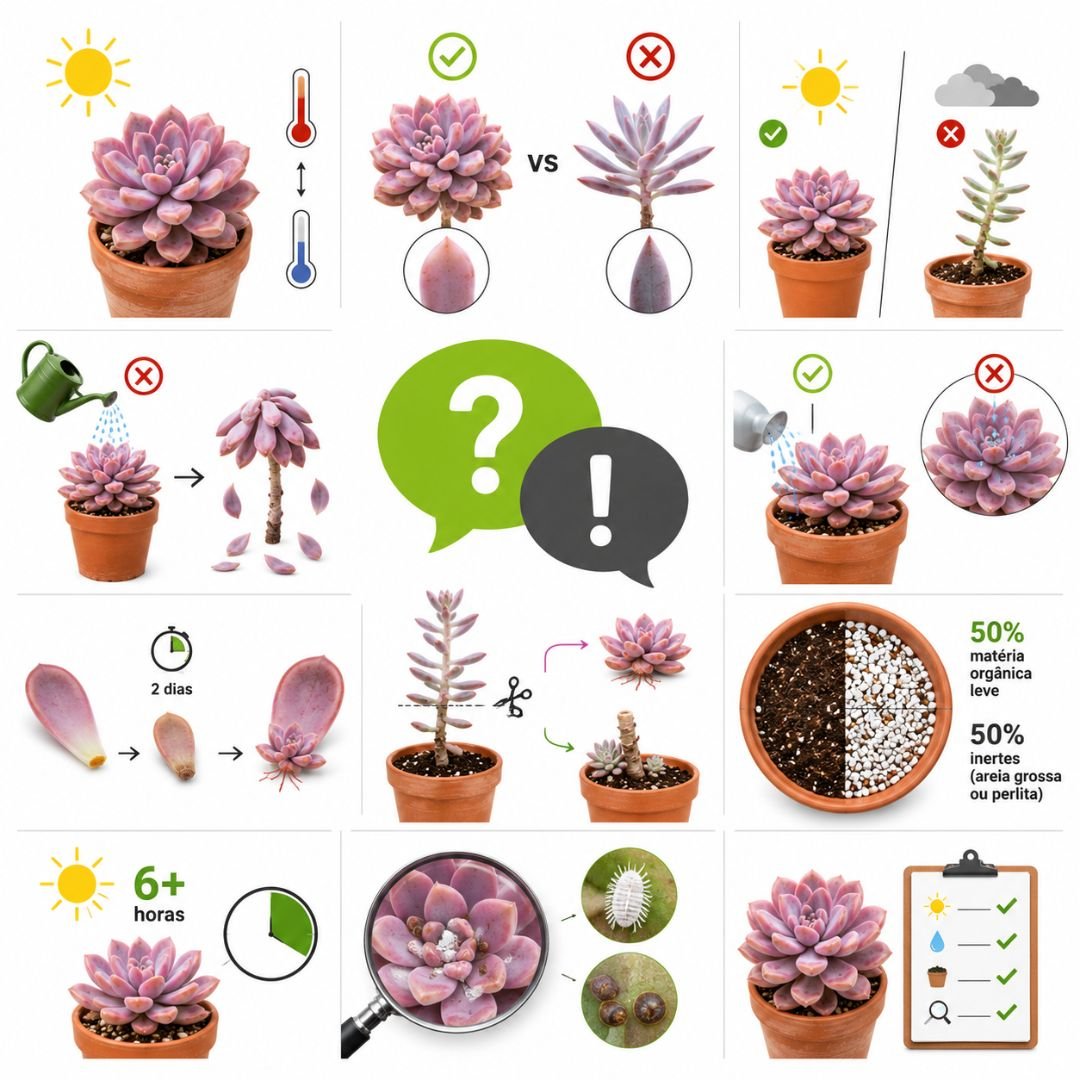 Infográfico ilustrado com os principais cuidados da suculenta Graptopetalum Ellen Pink, destacando luminosidade, formato das folhas, rega correta, propagação por folhas, substrato drenante, prevenção de cochonilhas e boas práticas de cultivo.