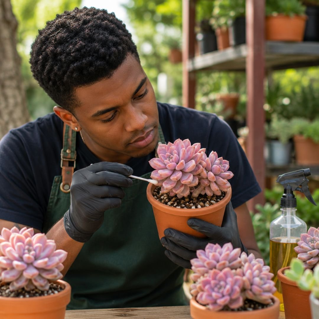 Jovem realizando a inspeção de uma suculenta Graptopetalum Ellen Pink em vaso de terracota, verificando o miolo da roseta com um cotonete para identificar sinais de cochonilhas e outras pragas antes do tratamento.