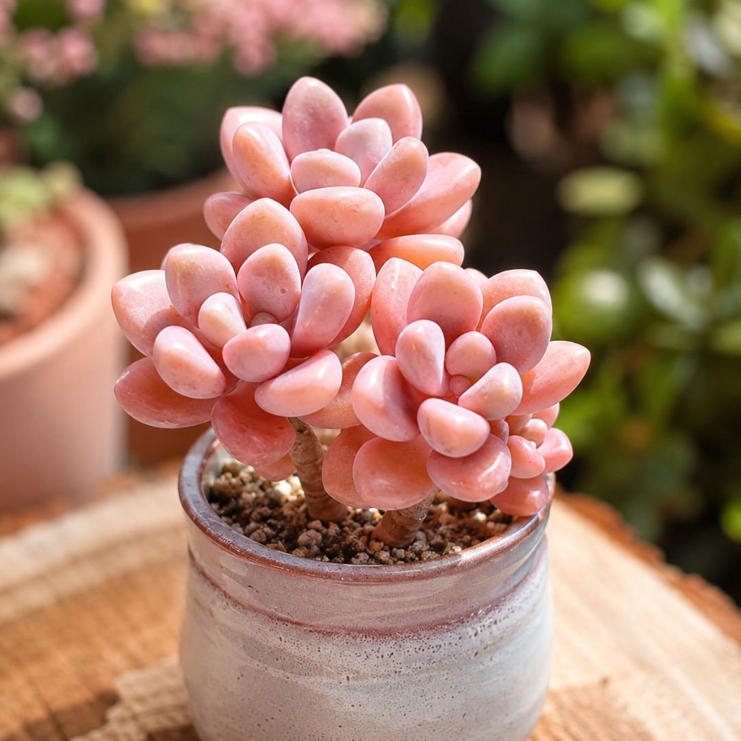 Suculenta Graptopetalum Ellen Pink com folhas espessas, volumosas e rosadas cultivada em local com alta luminosidade, ilustrando a coloração intensa obtida com sol pleno e manejo adequado.