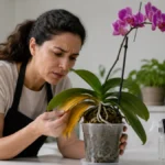 Mulher analisando uma orquídea Phalaenopsis com folhas amareladas e raízes aparentes em ambiente interno iluminado, identificando problemas comuns no cultivo.