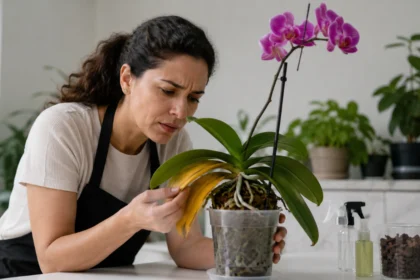 Mulher analisando uma orquídea Phalaenopsis com folhas amareladas e raízes aparentes em ambiente interno iluminado, identificando problemas comuns no cultivo.