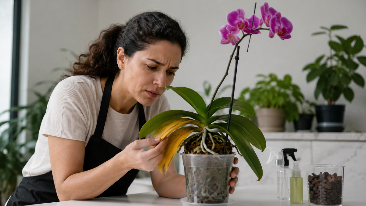 Mulher analisando uma orquídea Phalaenopsis com folhas amareladas e raízes aparentes em ambiente interno iluminado, identificando problemas comuns no cultivo.