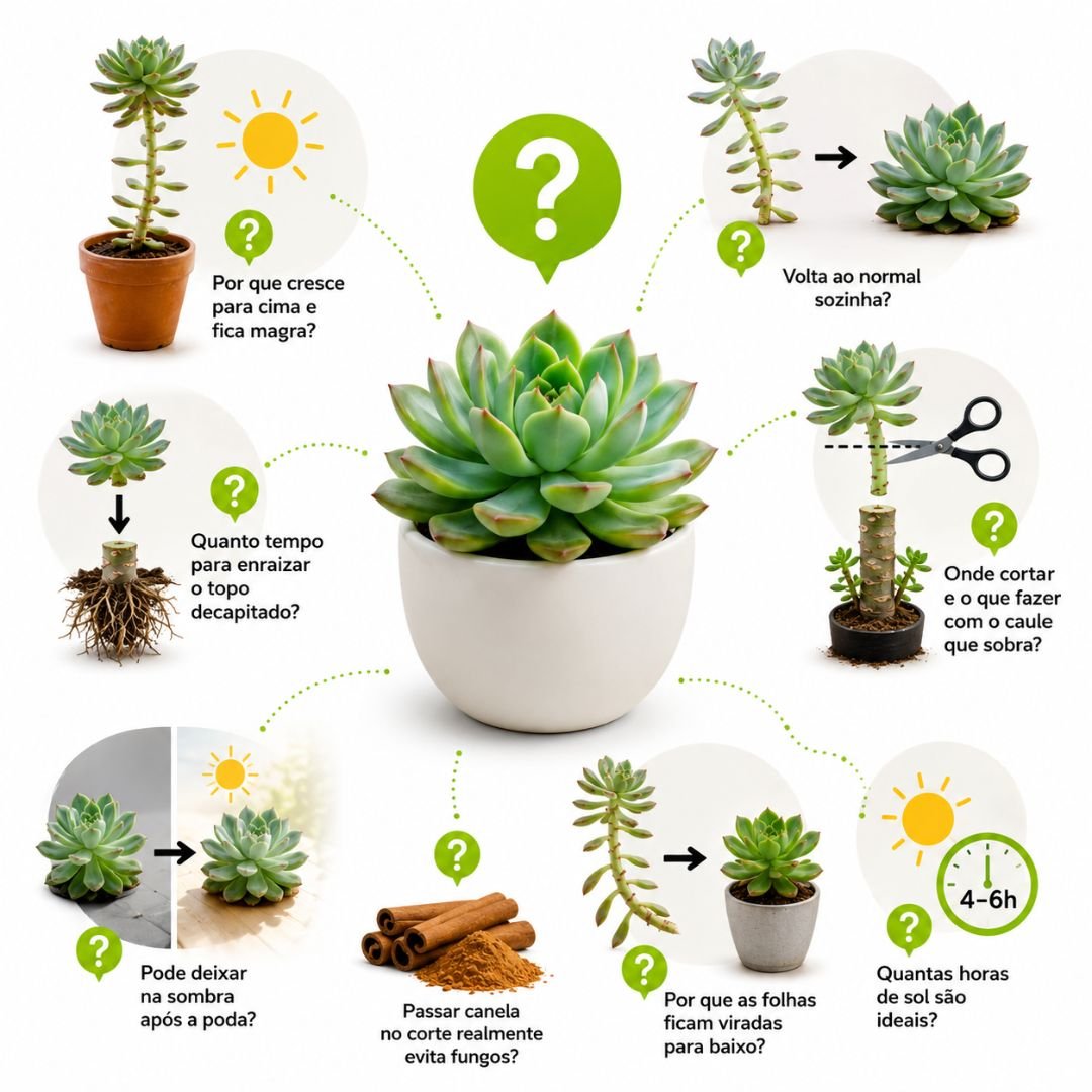 Infográfico ilustrado com os principais cuidados para recuperar uma suculenta estiolada, destacando luminosidade, decapitação, enraizamento, canela em pó e crescimento compacto.