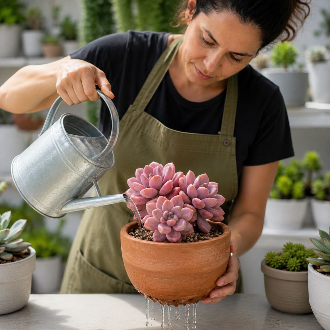 Pessoa regando uma suculenta Graptopetalum Ellen Pink diretamente no substrato de um vaso de terracota, permitindo o escoamento da água pelos furos de drenagem para evitar o apodrecimento das raízes.