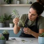 Mulher observando uma suculenta estiolada com caule alongado, analisando os sinais de falta de luminosidade antes da recuperação da planta.