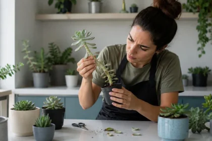 Mulher observando uma suculenta estiolada com caule alongado, analisando os sinais de falta de luminosidade antes da recuperação da planta.