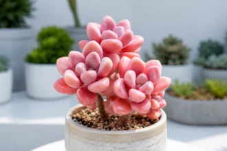 Suculenta Graptopetalum Ellen Pink com folhas rosadas cultivada em vaso de cerâmica, posicionada em ambiente moderno e iluminado, com outras suculentas desfocadas ao fundo, ilustrando o cultivo e os cuidados que intensificam sua coloração rosa.