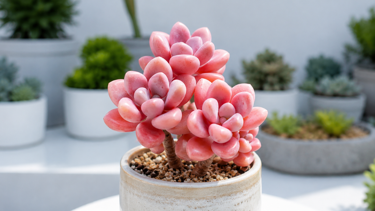 Suculenta Graptopetalum Ellen Pink com folhas rosadas cultivada em vaso de cerâmica, posicionada em ambiente moderno e iluminado, com outras suculentas desfocadas ao fundo, ilustrando o cultivo e os cuidados que intensificam sua coloração rosa.
