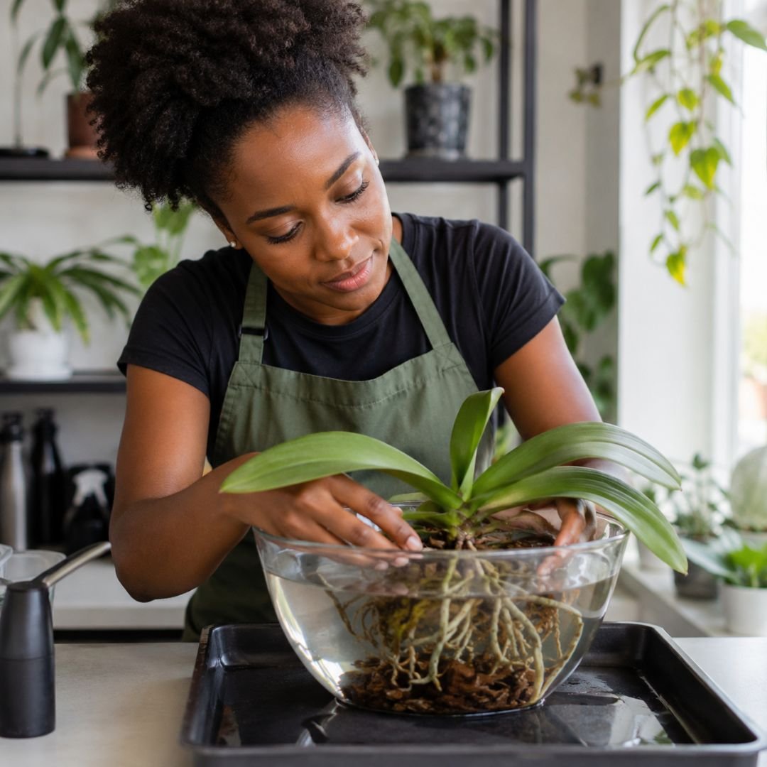 Mulher realizando o banho de imersão de uma orquídea em recipiente com água para reidratar as raízes e recuperar a planta após desidratação.