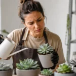Mulher regando uma suculenta em vaso branco em ambiente interno