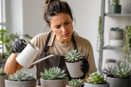 Mulher regando uma suculenta em vaso branco em ambiente interno