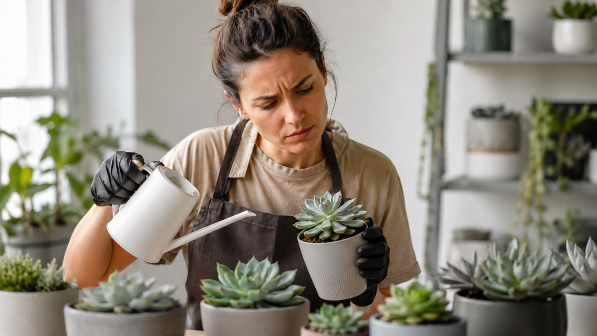 Mulher regando uma suculenta em vaso branco em ambiente interno