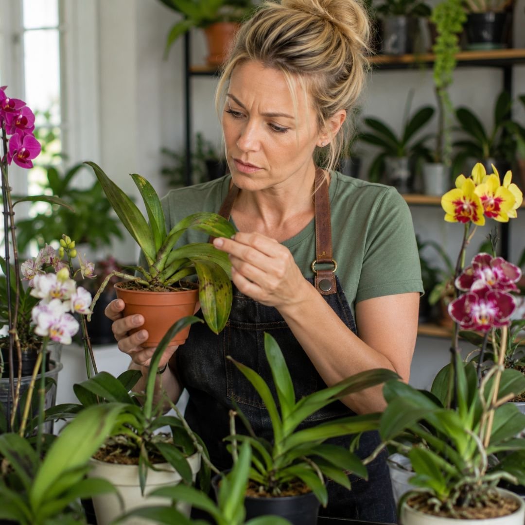 Mulher inspecionando cuidadosamente diferentes espécies de orquídeas em busca de sinais de pragas e doenças durante o monitoramento do cultivo.