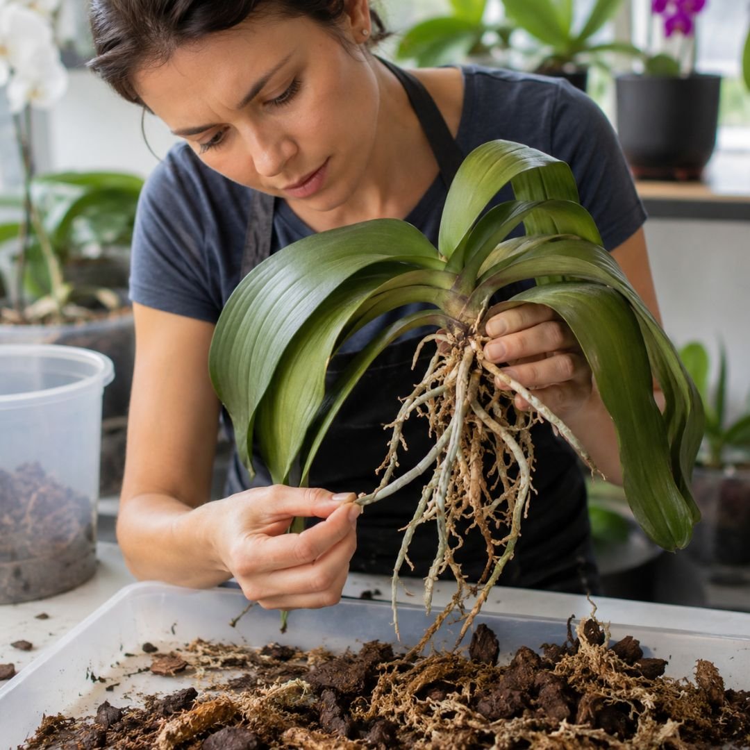 Pessoa examinando cuidadosamente as raízes esbranquiçadas e ressecadas de uma orquídea retirada do vaso para diagnosticar desidratação causada por falta de água.