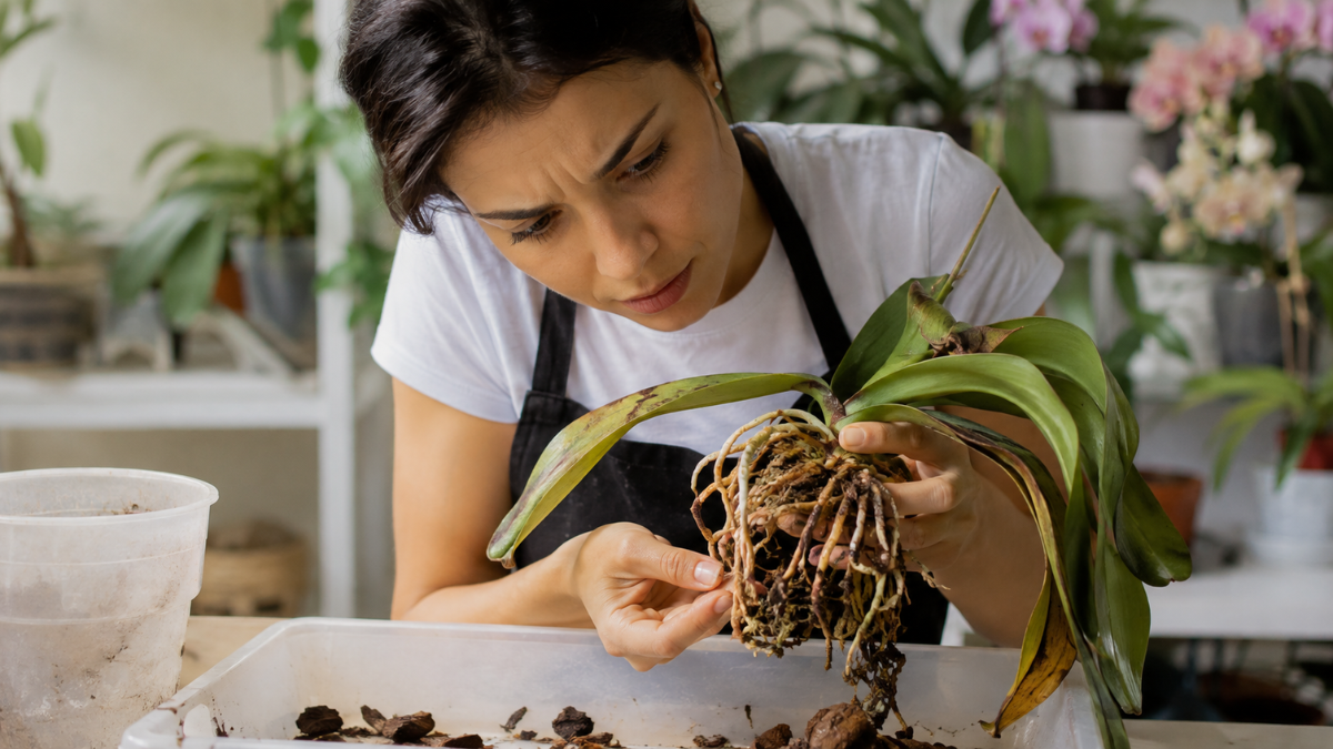 Pessoa examinando cuidadosamente as raízes de uma orquídea desidratada durante o replantio, em ambiente interno iluminado, avaliando sinais de desidratação e danos no sistema radicular.