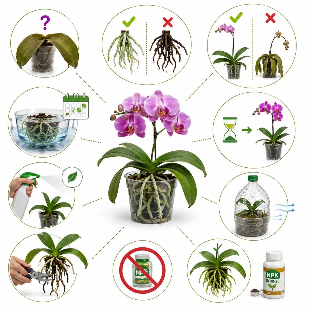 Infográfico ilustrado mostrando os principais cuidados para recuperar uma orquídea desidratada, incluindo inspeção das raízes, banho de imersão, poda, recuperação gradual e manejo correto.