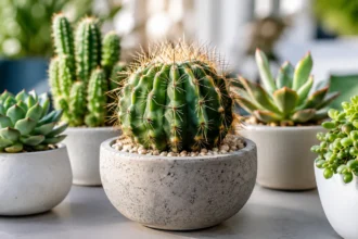 Cacto cercado por diferentes plantas suculentas em vasos