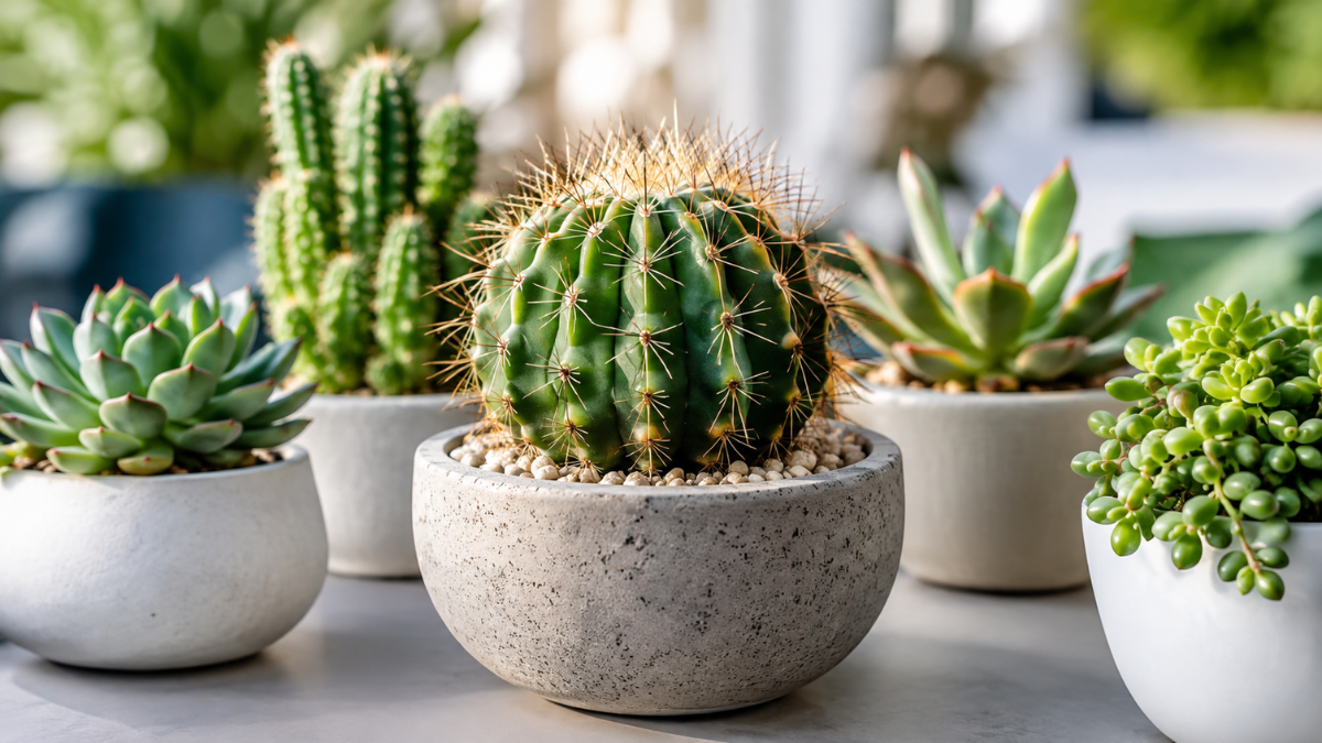 Cacto cercado por diferentes plantas suculentas em vasos