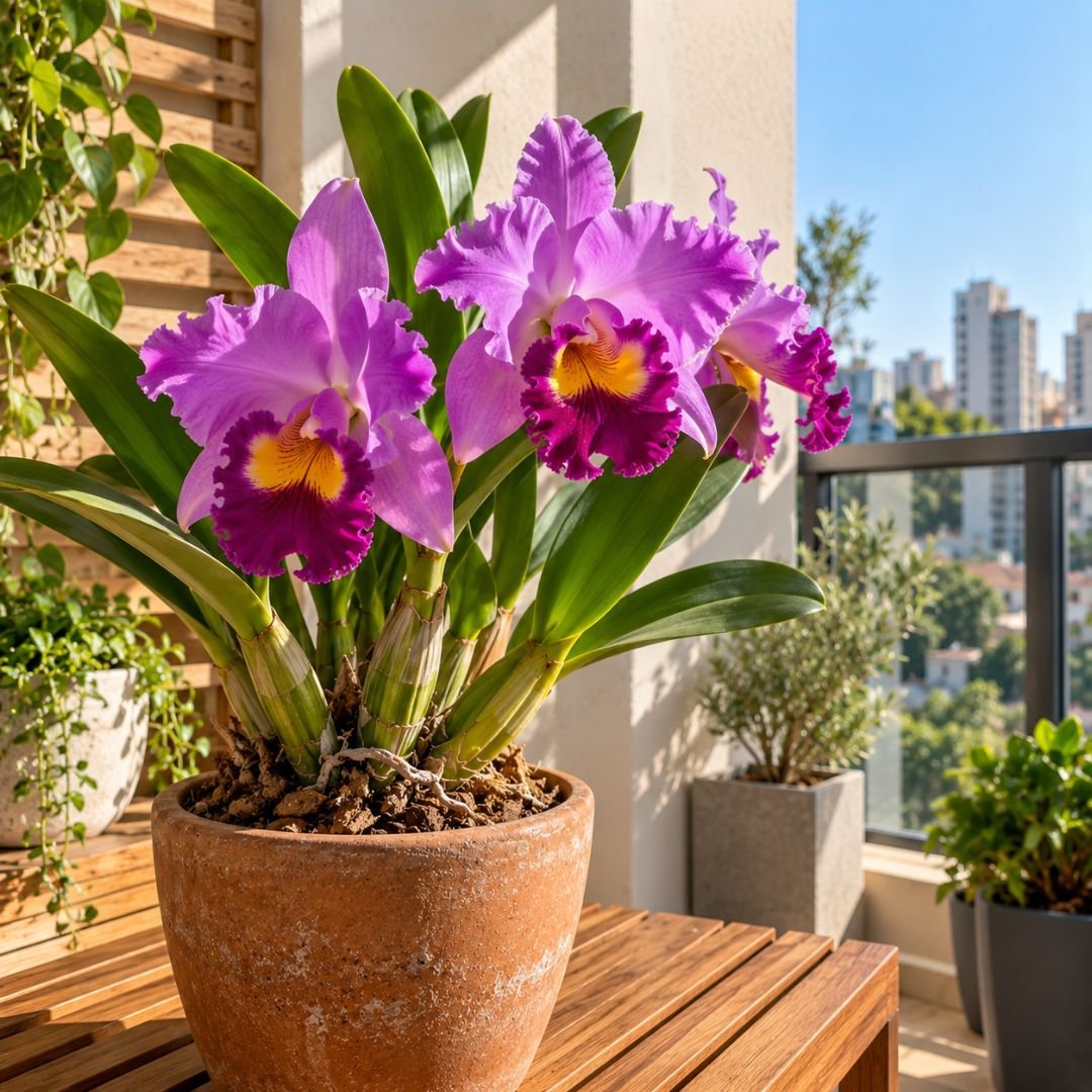 Orquídea Cattleya em vaso em varanda de apartamento com bastante luz natural