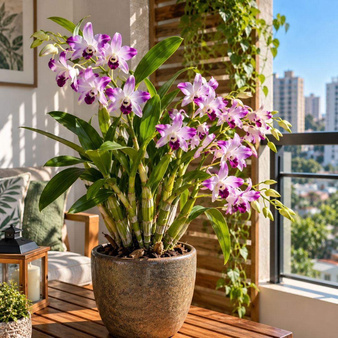 Orquídea Dendrobium em vaso em apartamento muito iluminado próximo a uma janela ampla