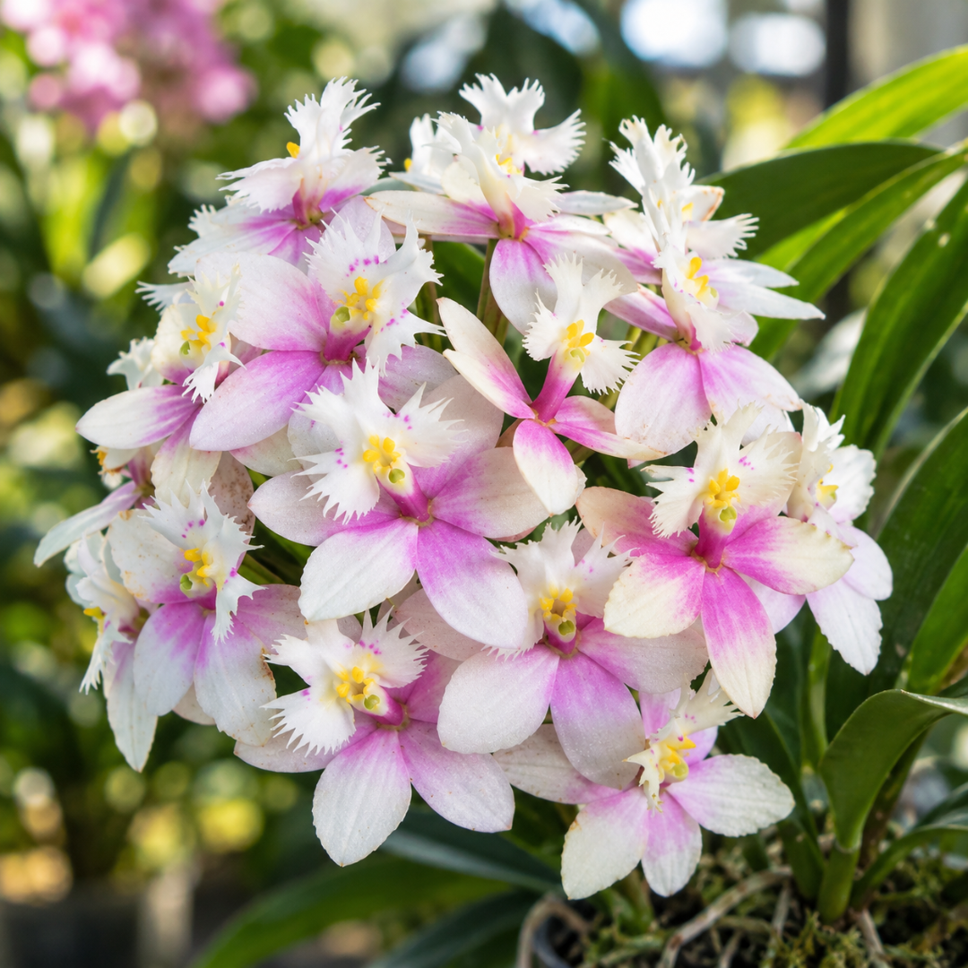 Flores rosa e brancas da orquídea Epidendrum Wedding Valley em detalhe