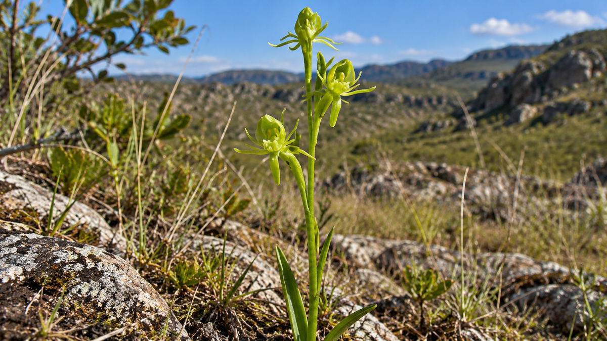 Habenaria adamantina, orquídea brasileira de flores verdes em campo rupestre de Minas Gerais