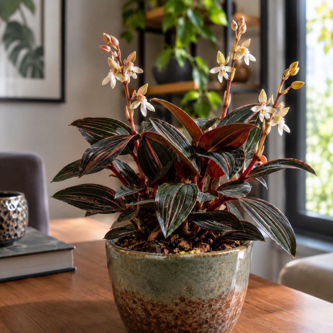 Ludisia discolor, conhecida como orquídea-joia, com folhas escuras e nervuras avermelhadas em vaso.