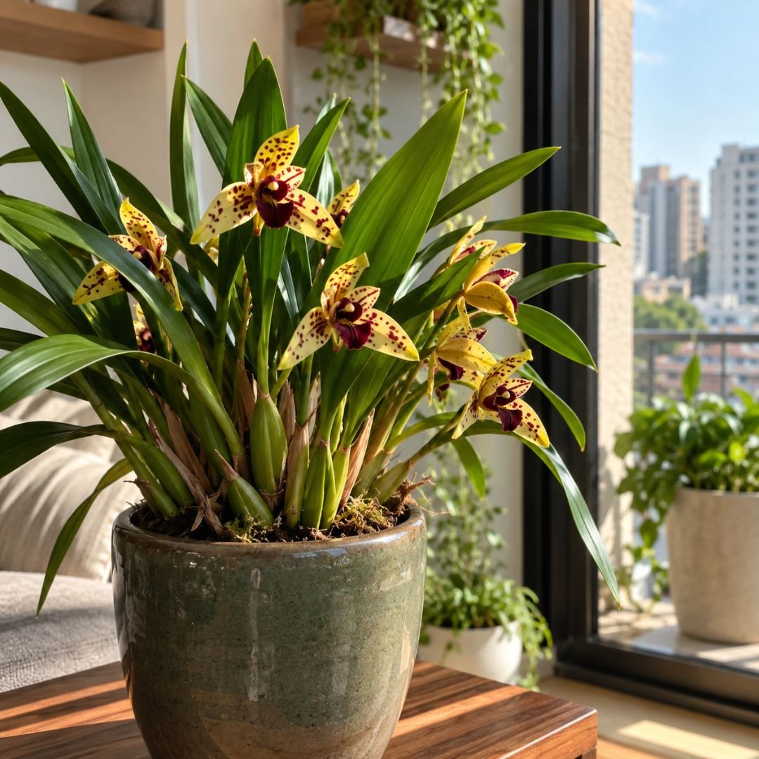 Orquídea Maxillaria em vaso posicionada próxima a uma janela bem iluminada em apartamento