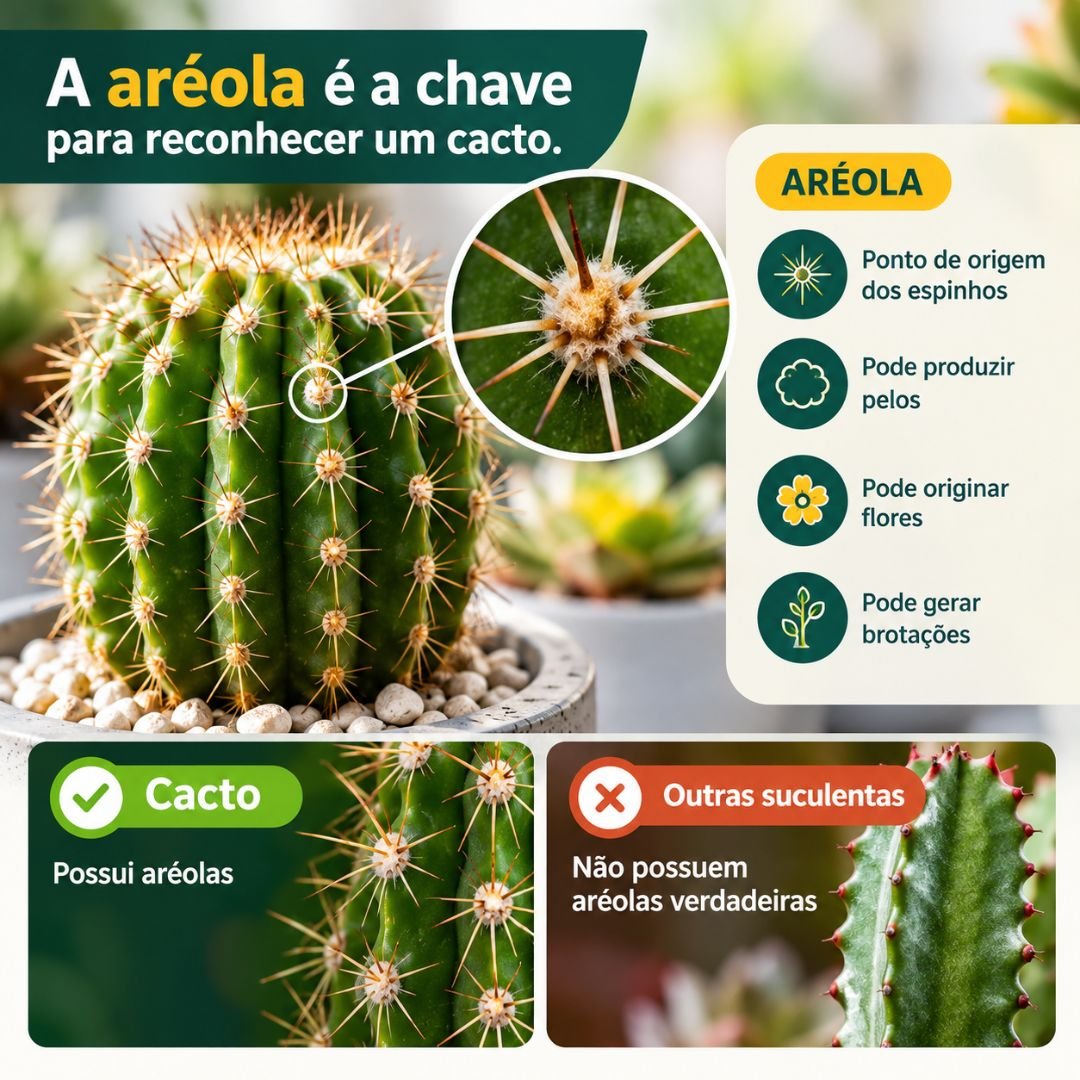 Infográfico mostra a aréola como característica que diferencia os cactos de outras suculentas