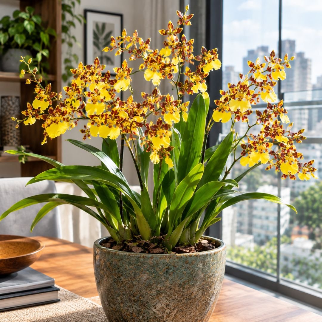 Oncidium com flores amarelas e manchas marrons em ambiente interno muito iluminado próximo a uma janela.